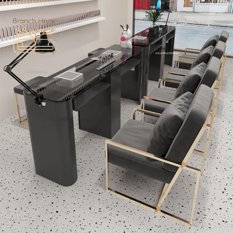 Tempered glass manicure table and chair set with vacuum cleaner, simple light luxury manicure shop black gold manicure table