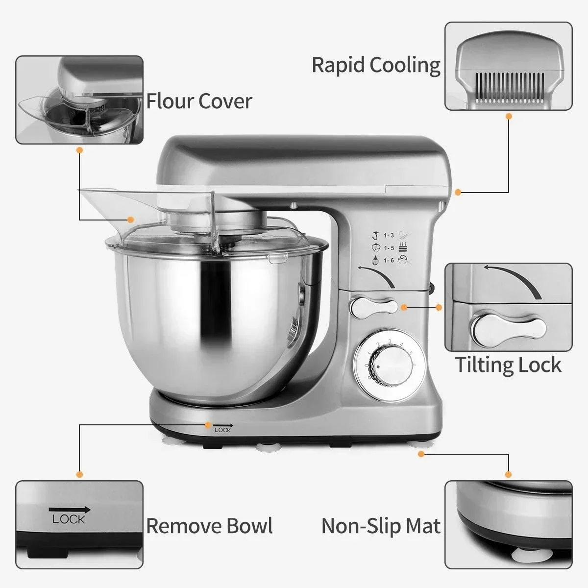 Vertical Blender 5L 1000W Electric Dough Blender Kitchen 8-speed Tilting Head