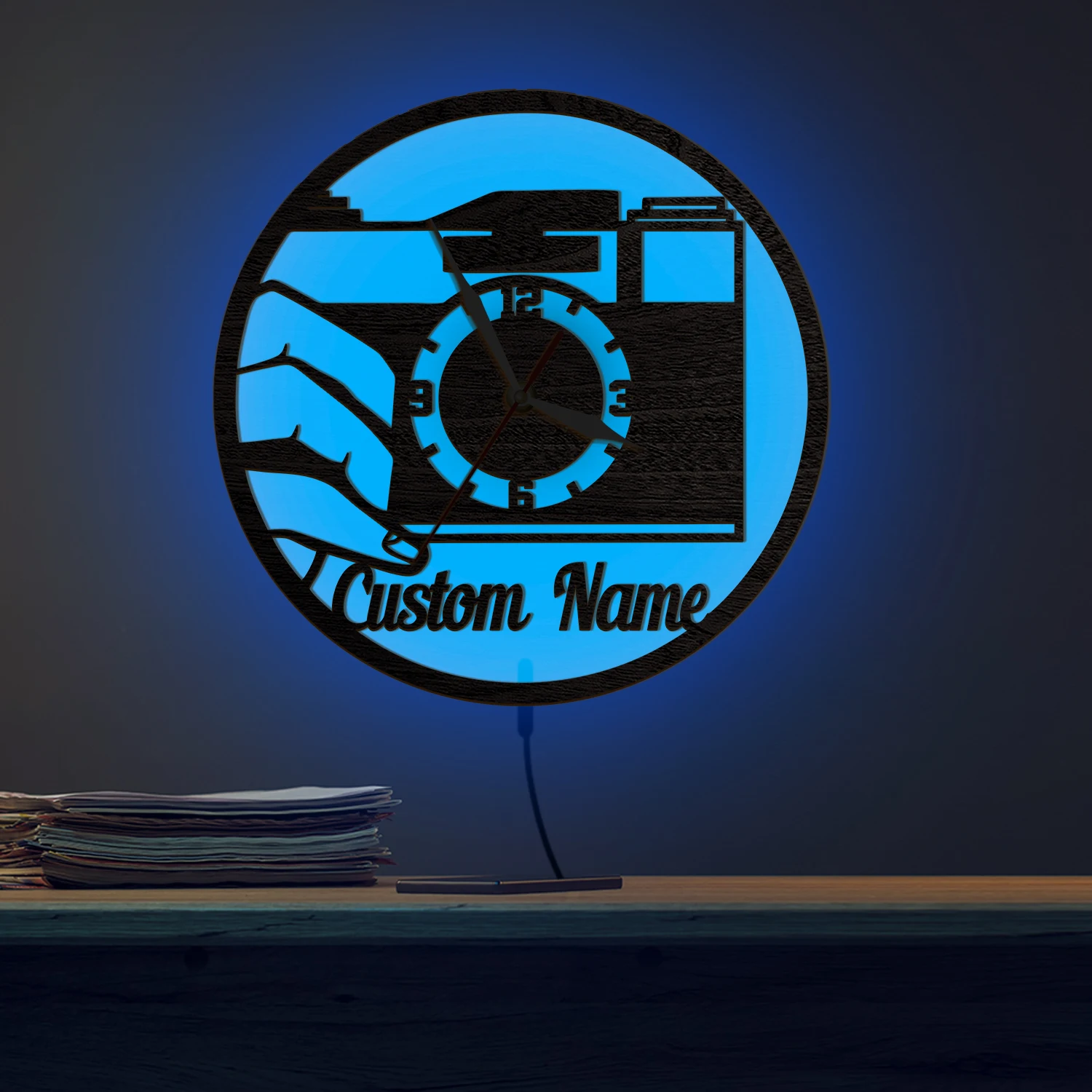 Personalized Photographer Camera Wood Wall Clock with LED Backlight RGB Remote Control Night Light Clock for Photography Studio