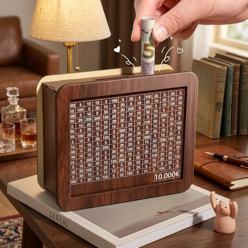 1000/3000/5000/10000 Wooden Money Box Reusable Piggy Bank Savings Challenge Cash Storage Box