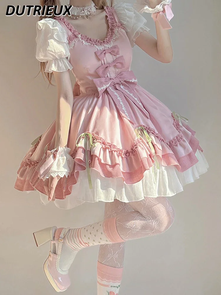 

Pink Sweet Cute Lolita Bubble Short-sleeved Dress Summer New Bow High Waist Slimming Soft Girl Party Princess Dresses