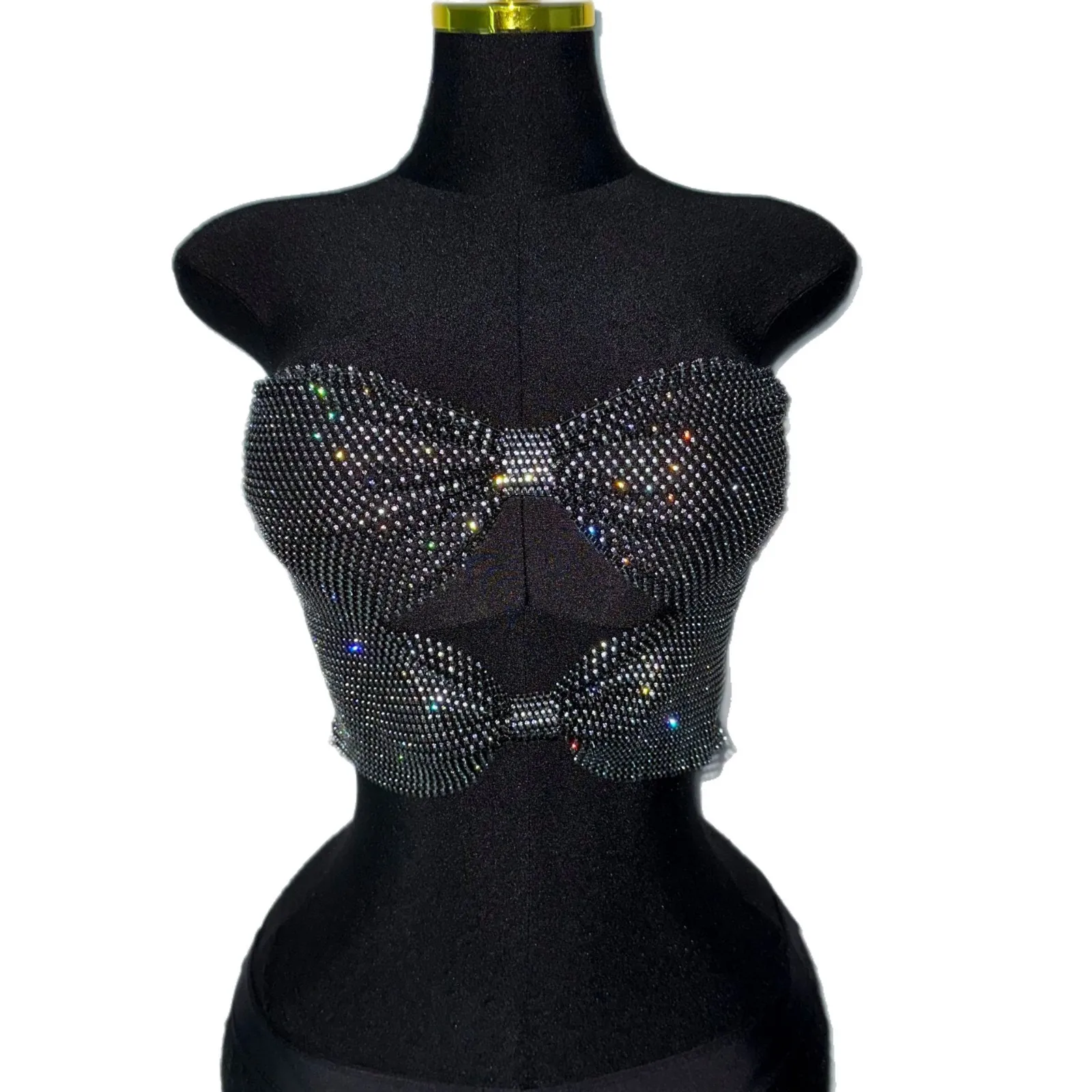 Sparkly Rhinestone Bow Halter Top Women Backless Chain Strap Slim Fit Camisole Party Club Tank Tops