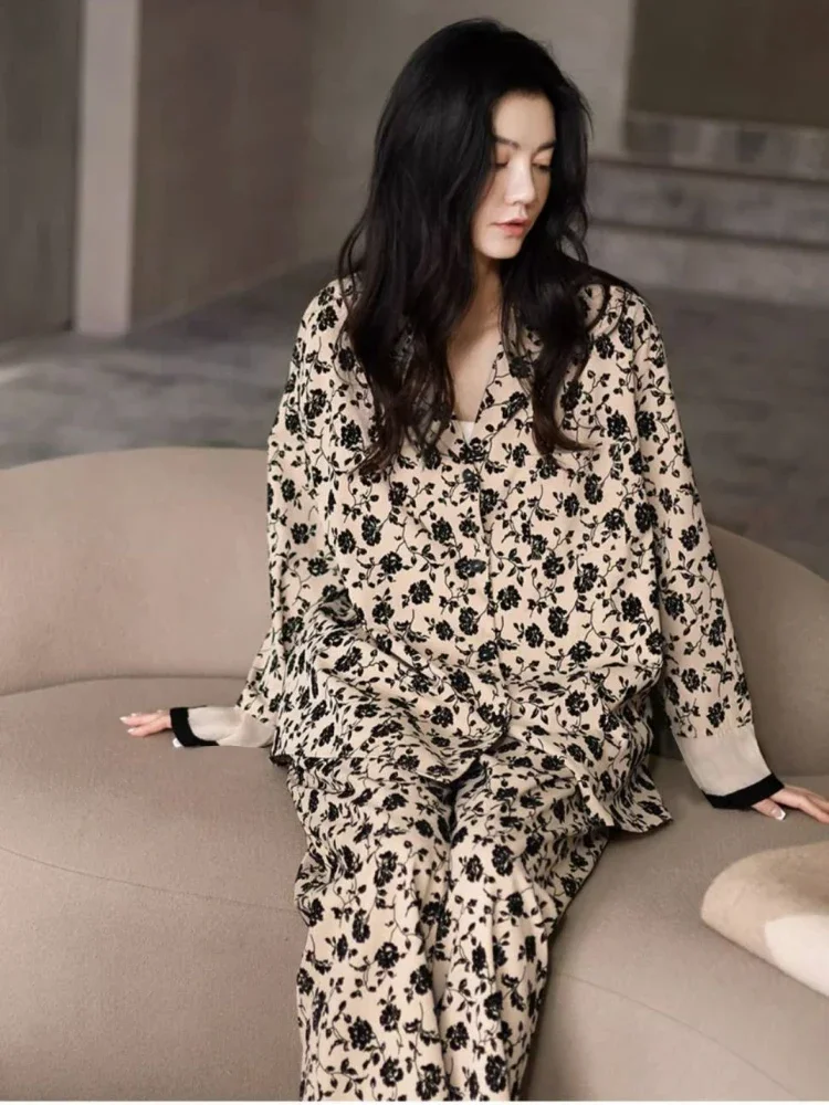 Women's Pajamas Set Elegant Korean Fashion Cardigan Sleepwear Spring and Fall Long-sleeved Long Pants Cotton Leisure Home Wear