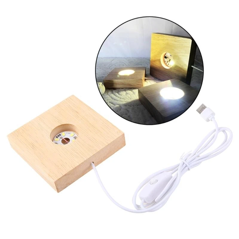 

2026 New Square Wooden Light Base Stand 3D Crystal Glass Crafts Lighted Base Stand Lamp