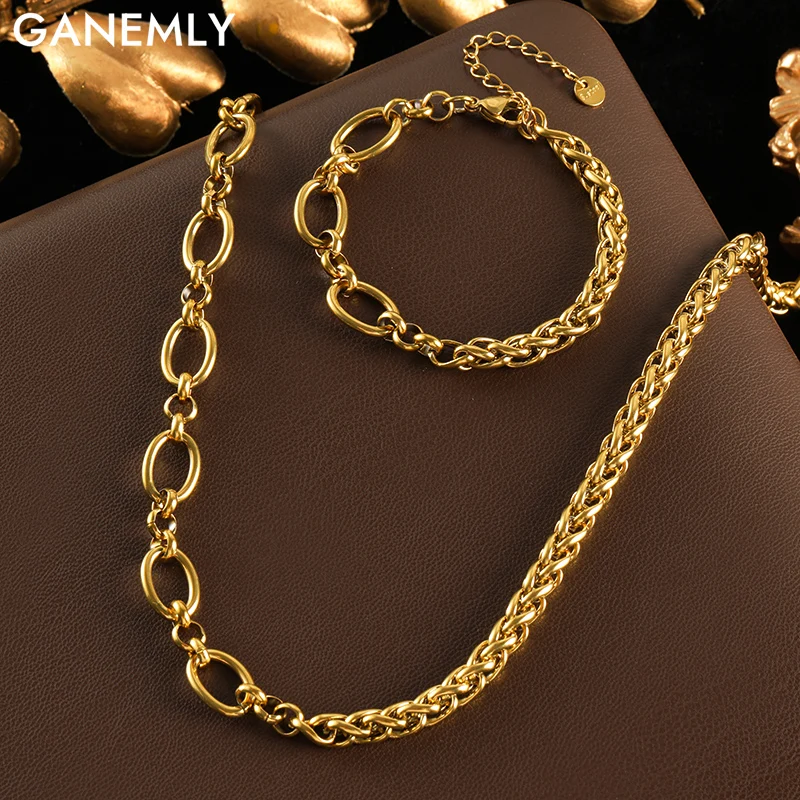 

GANEMLY 316L Stainless Steel Metal Gold Color Chain Necklace Bracelet Set For Women Trendy Chains Waterproof Jewelry Femme Gift