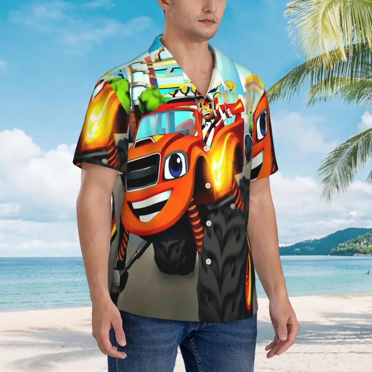 Blaze And The Monster Machines Hawaiian Shirts Funny Men Short Sleeve Shirt for Summer Beach Men's Button Tops