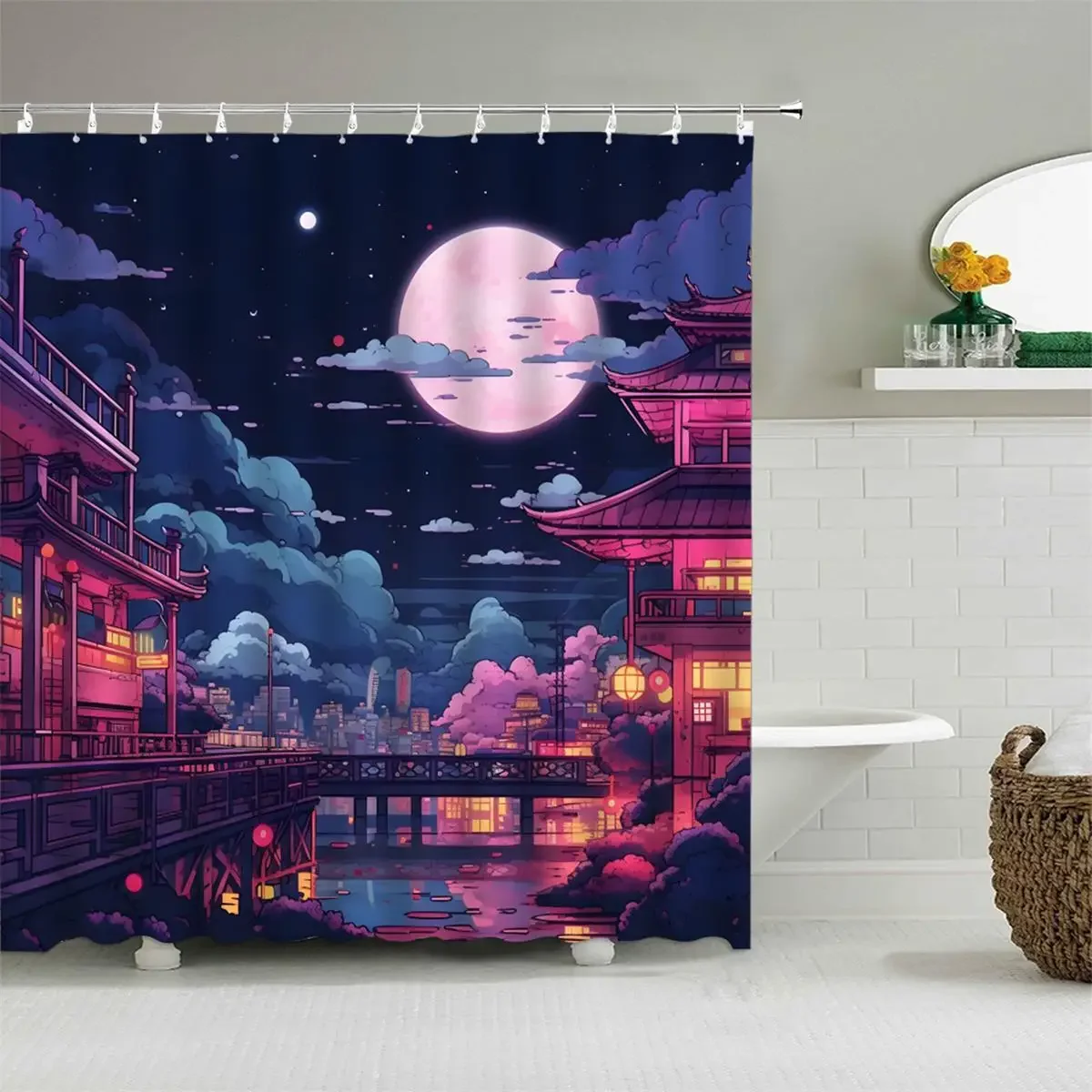 Japan Tokyo Shower Curtain Manga City Night Sky Moon Cherry Blossom Loft Print Polyester Fabric Bathtub Partition Bathroom Decor