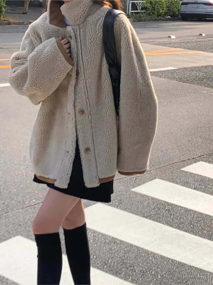 Reversible Autumn Winter Lambswool Coat Women Loose Korean Style Fashion Ladies Jackets Casual Loose Long Sleeve Woman Coats