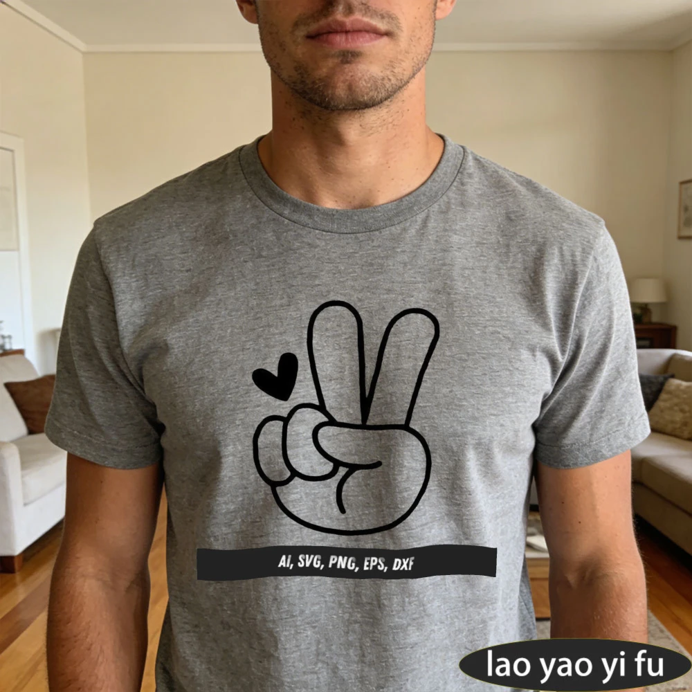 Peace Sign Heart Gesture Black Outline T-Shirt Men Crew Neck Short Sleeve  Victory Fingers