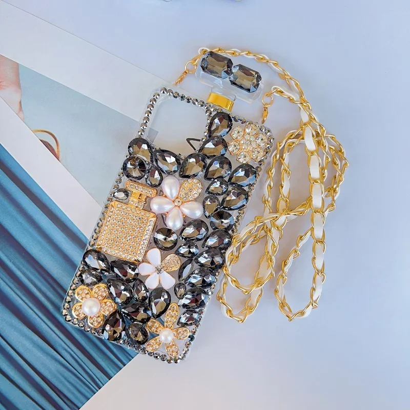 Luxury Bling Perfume Bottle Case with Lanyard Strap, Sparkle Rhinestones Diamond for iPhone 16Plus 15 Pro 14 Max, Case, Glitter