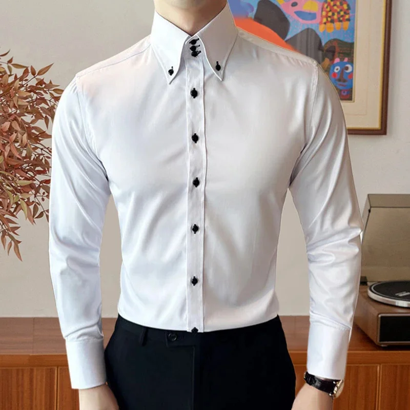 2024 Autumn Slim Shirt Men Camisa Hombre Men's Long Sleeve Fashion Business Formal Dress Solid Color Simple