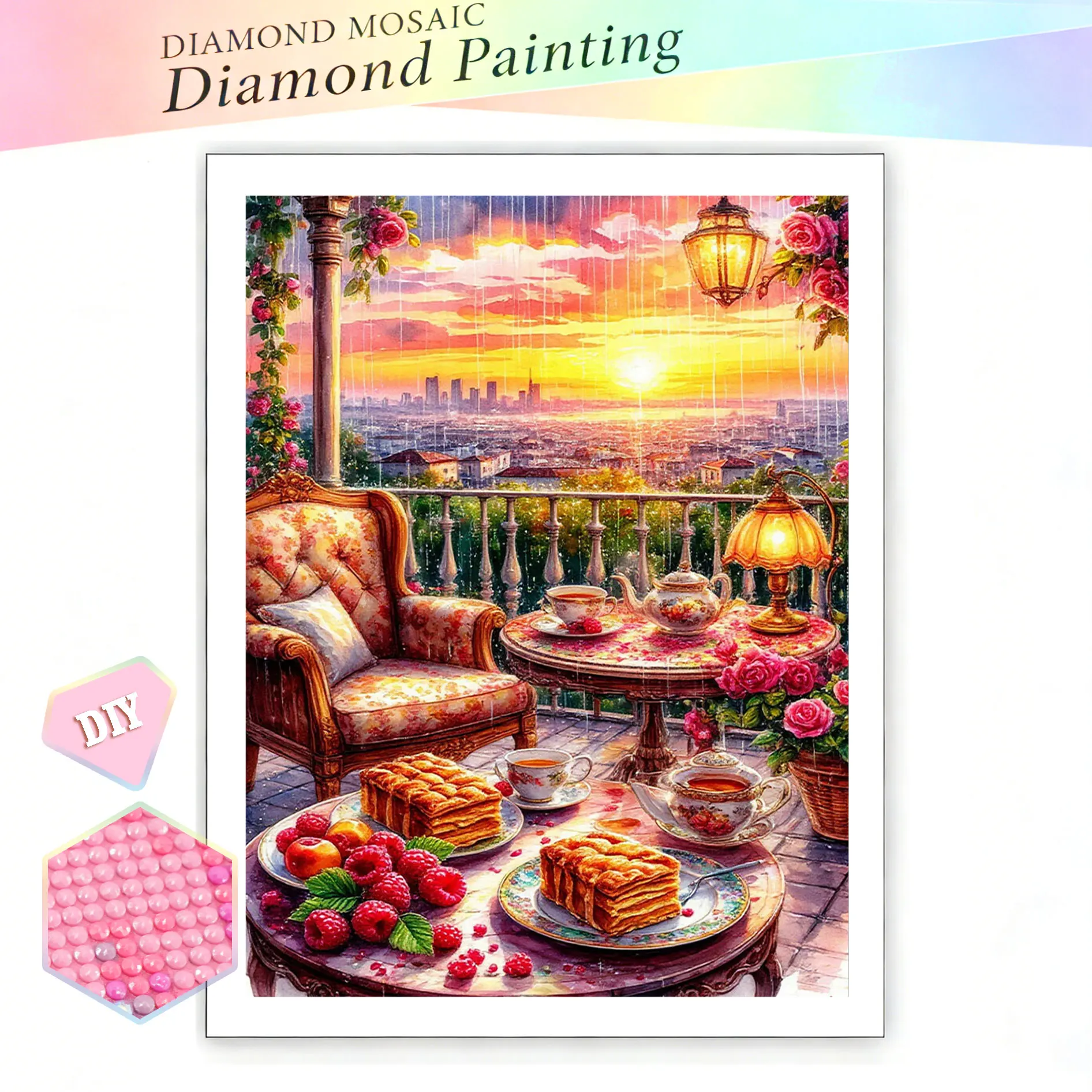 EverShine Full Diamond Painting Balcony Sunset Afternoon Tea Diamond Mosaic Landscape New Rhinestone Pictures