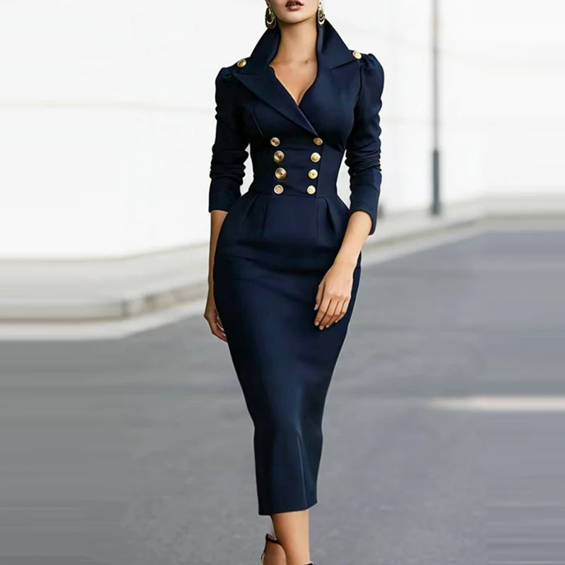 Elegant Lapel V-neck Commuting Long Dress Casual Long Sleeves Draped Wrap Hip Dress Women Fashion Button Slim Solid Party Dress