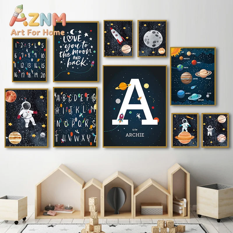 Abstract Number Alphabet Rocket Planet Astronaut Canvas Painting Nordic Prints and Poster Wall Art Picture for Living Room Decor