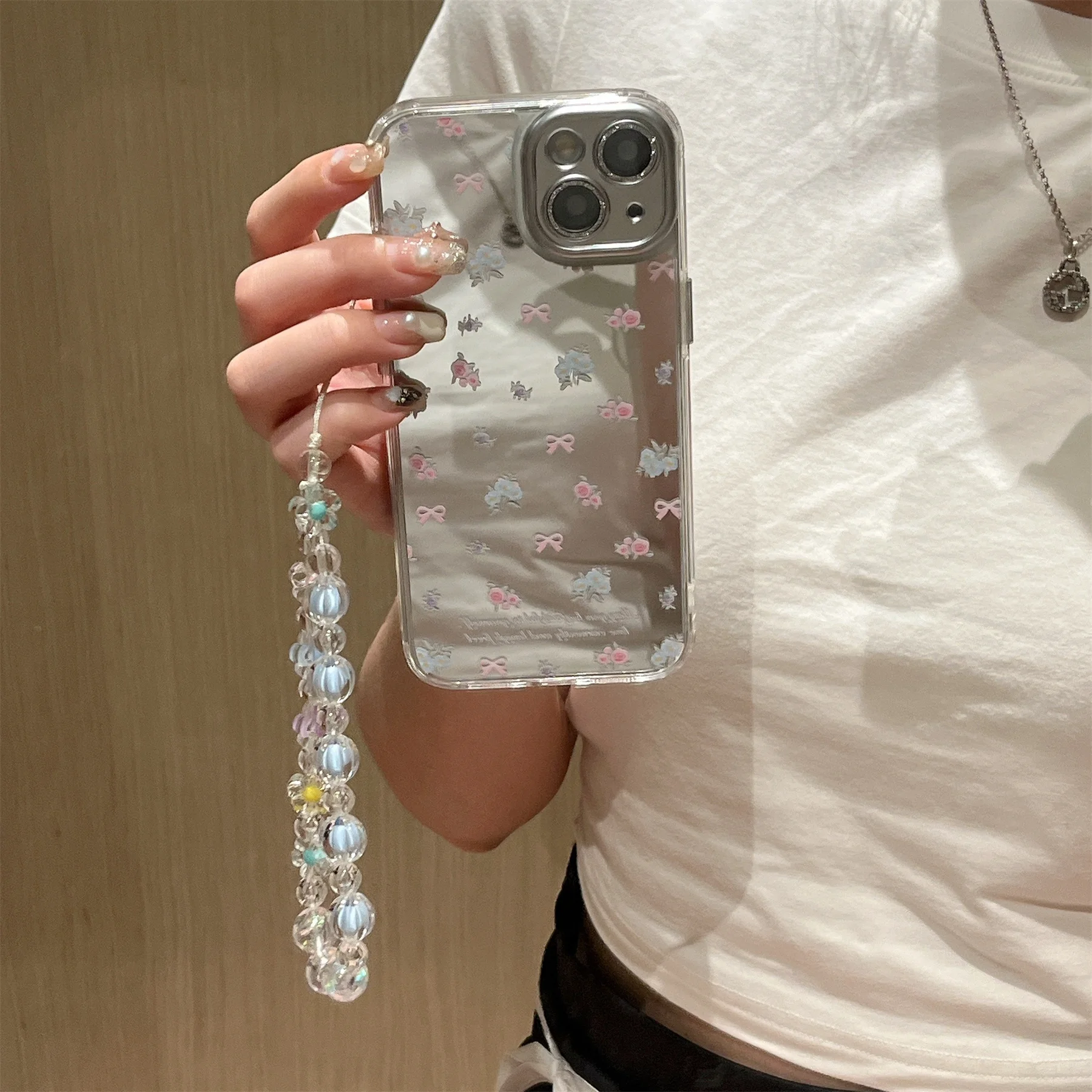 Ins Korean Luxury Mirror Full Screen Bow English Flower Bracelet Case for iPhone 15 14 13 12 11 Pro Max Back Cover For Girl Gift