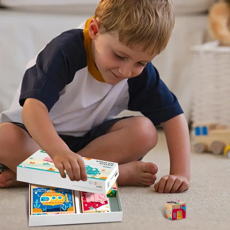 Rompecabezas de bloques de animales, bloques de patrón 3D, rompecabezas de bloques de madera de 6 caras, juegos de aprendizaje Montessori para niños pequeños, juguetes educativos interactivos