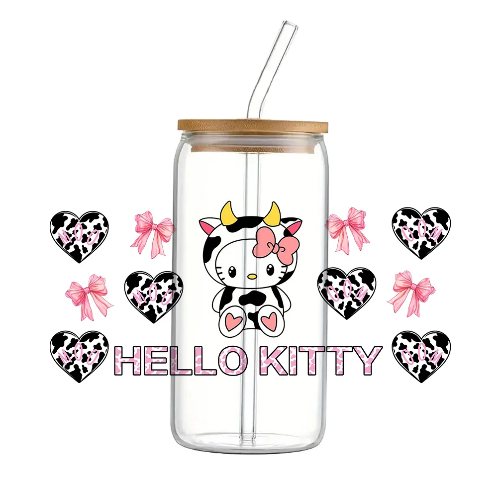11x24cm Cute Milk Cow Hello Cat Sanr UV DTF Wraps Sticker DIY For 16oz Glass Cup Waterproof Decals Phone Case Girls Sticker