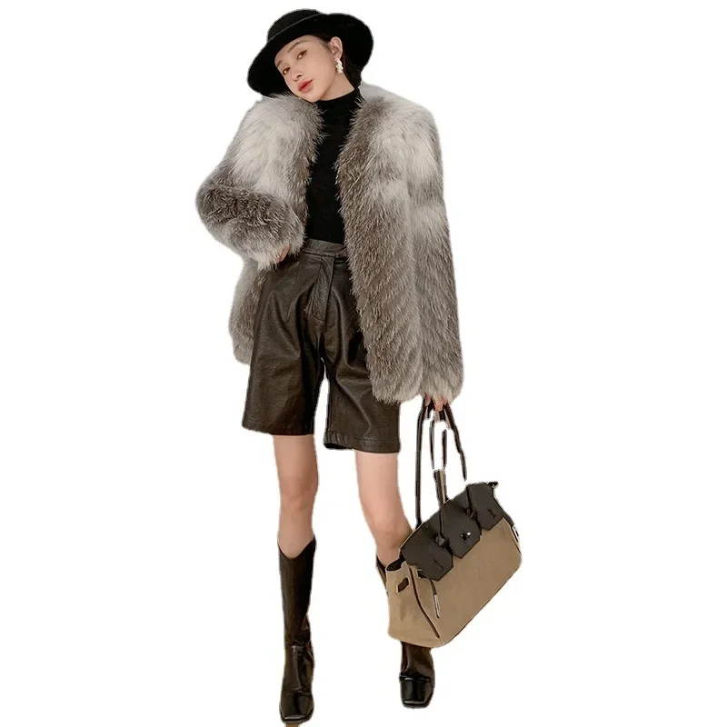 (Fox Beauty) New Light Luxury Style Fox Hair Car Strips Leather Coat for Women's Youth