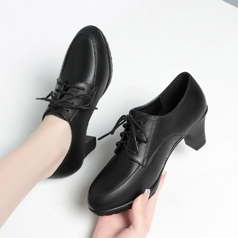 Women Work Shoes  Black Lace Up Middle Heel Leather Shoes Spring Autumn Soft Soles Breathable Comfortable Single Shoes