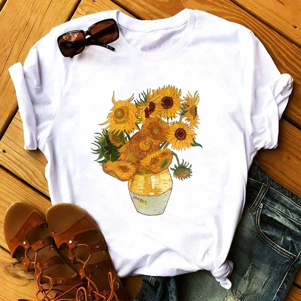 Van Gogh Flowers Printed T Shirt Sunflower Vangogh Vintage Art Harajuku Style Aesthetic Top Tees Shirt Femme Aesthetic Clothes