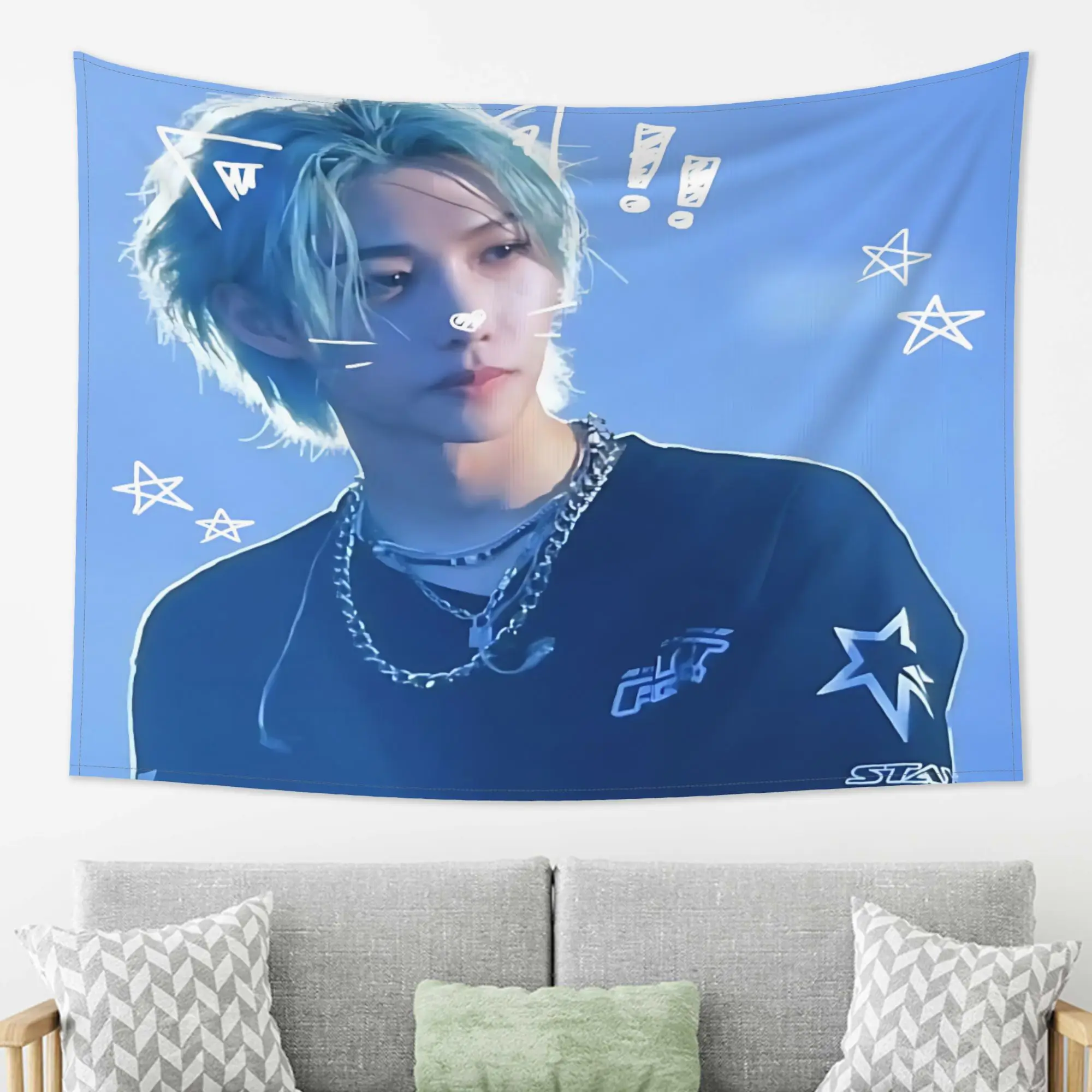 VIKAMA Blue Hair Stage Tapestry, Fans Support Hand Drawn Wall Art for Bedroom Living Room Dorm Decor