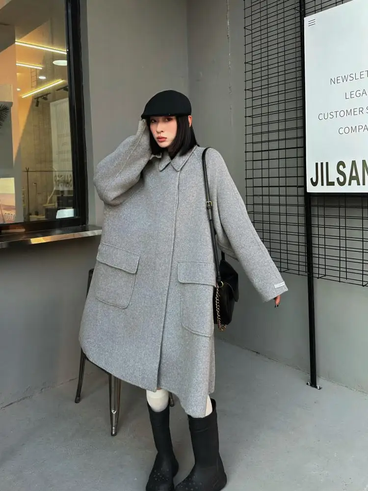 Back Yuk Woolen Jackets 2024 Autumn And Winter Turn-Down Collar Big Pocket Design Sense Loose Women's Wool Coats Outerwear