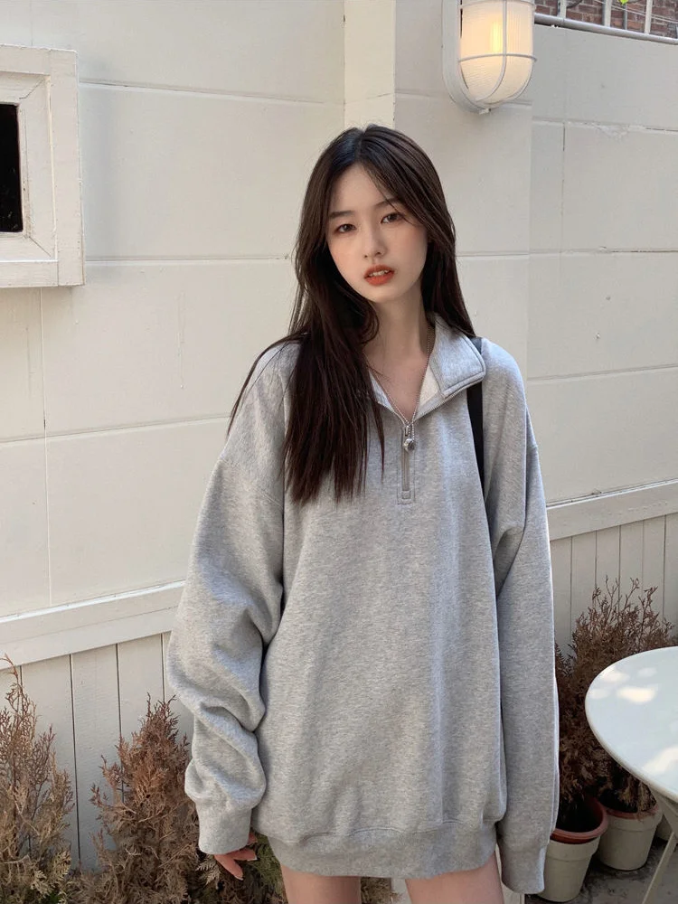 QWEEK Casual Übergroßen Sweatshirts Frauen Koreanische Mode Kpop Polo Kragen Grau Feste Pullover 2022 Herbst Streetwear