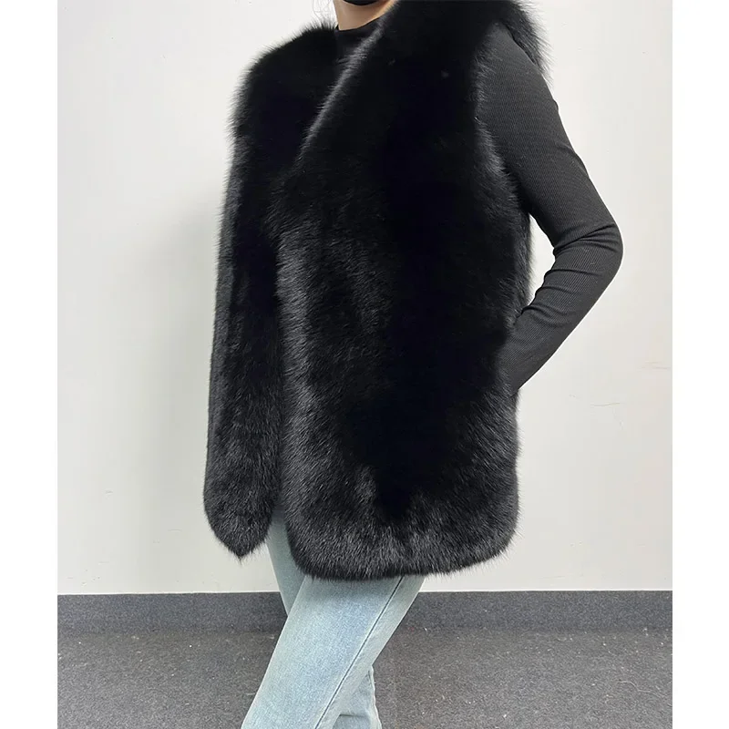 new MAOMAOKONG 2024 Black New Natural Luxury Fur Jacket  Real Fox Fur Vest Winter Women's Leather Female Vest Furry Jacket