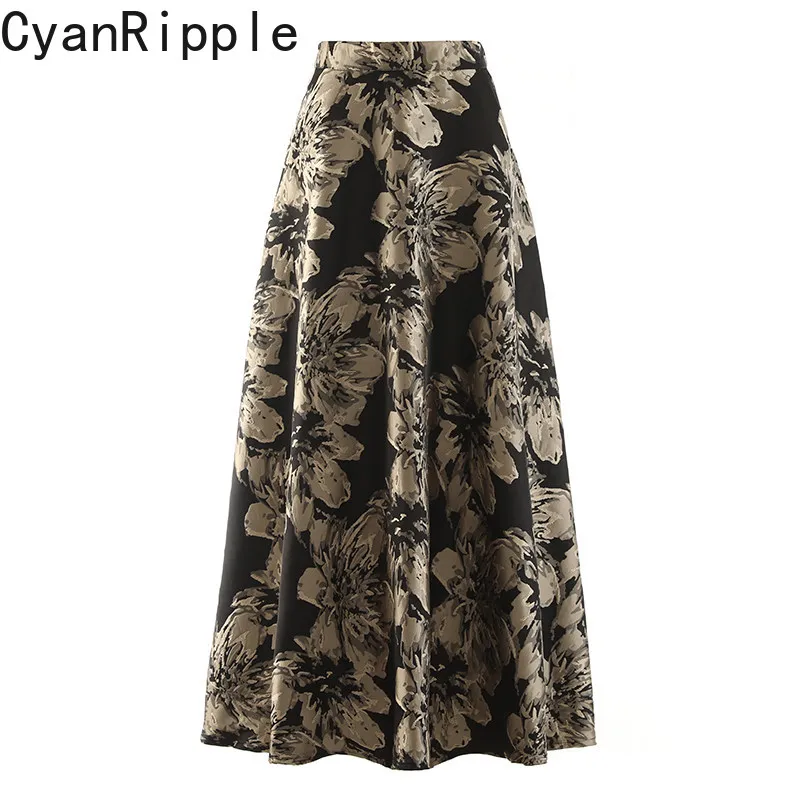 High Quality Original Embroidery Jacquard Ultra Long A-line Skirt Women New Spring Autumn High Waist Elegant Gown Party Skirts