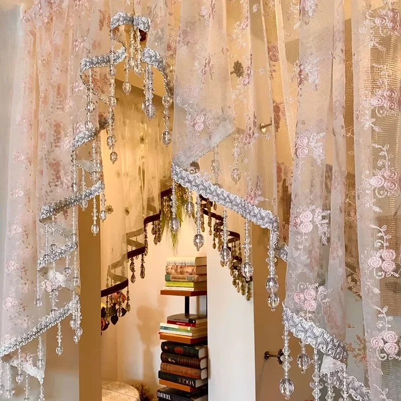 Vintage Aesthetic Pink Embroidery Lace Short Gauze Curtains No Punch Arch Door Curtains Window Curtains for Living Room Bedroom