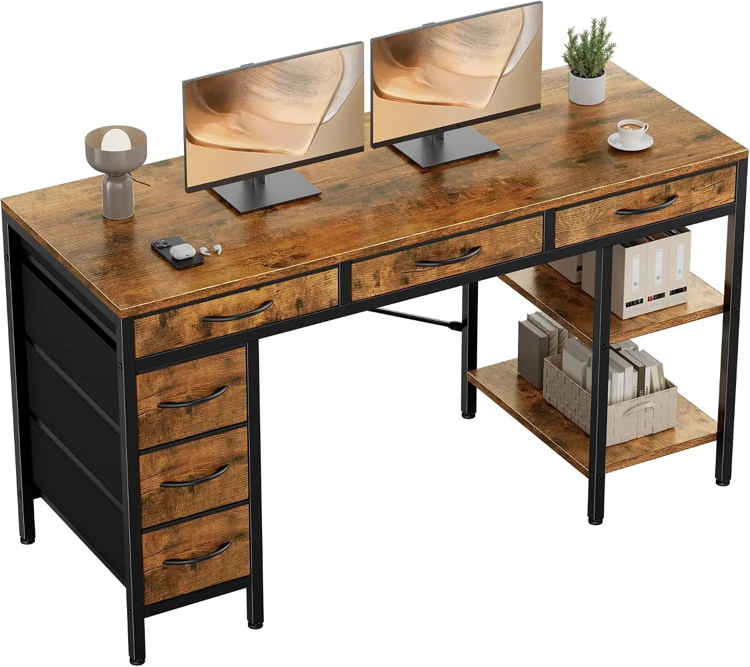 55 Inch Computer Desk with 6 Fabric Drawers, for Home Office Work | 6 Fabric Drawers & Reversible Gaming Desk, Office Workstatio