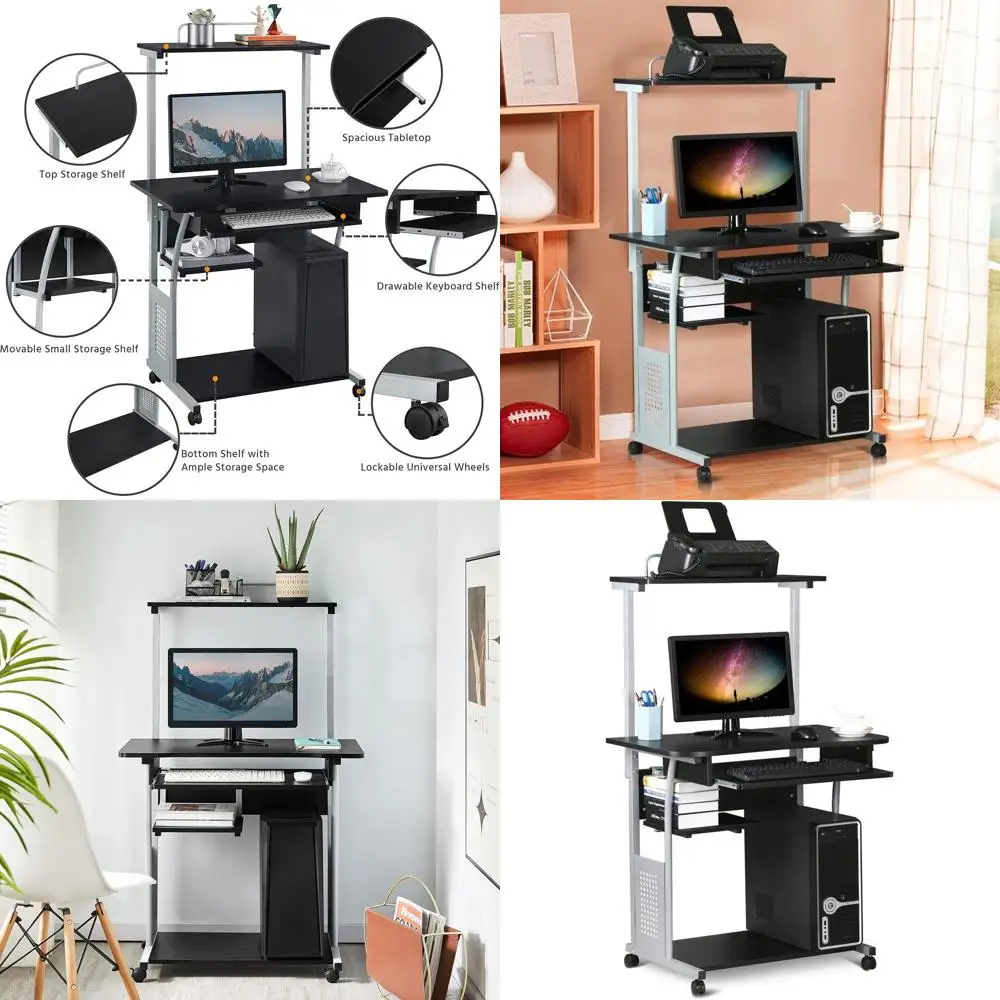 

Compact 2-Tier Rolling Computer Desk with Printer Shelf & Keyboard Tray for Small Spaces in Black