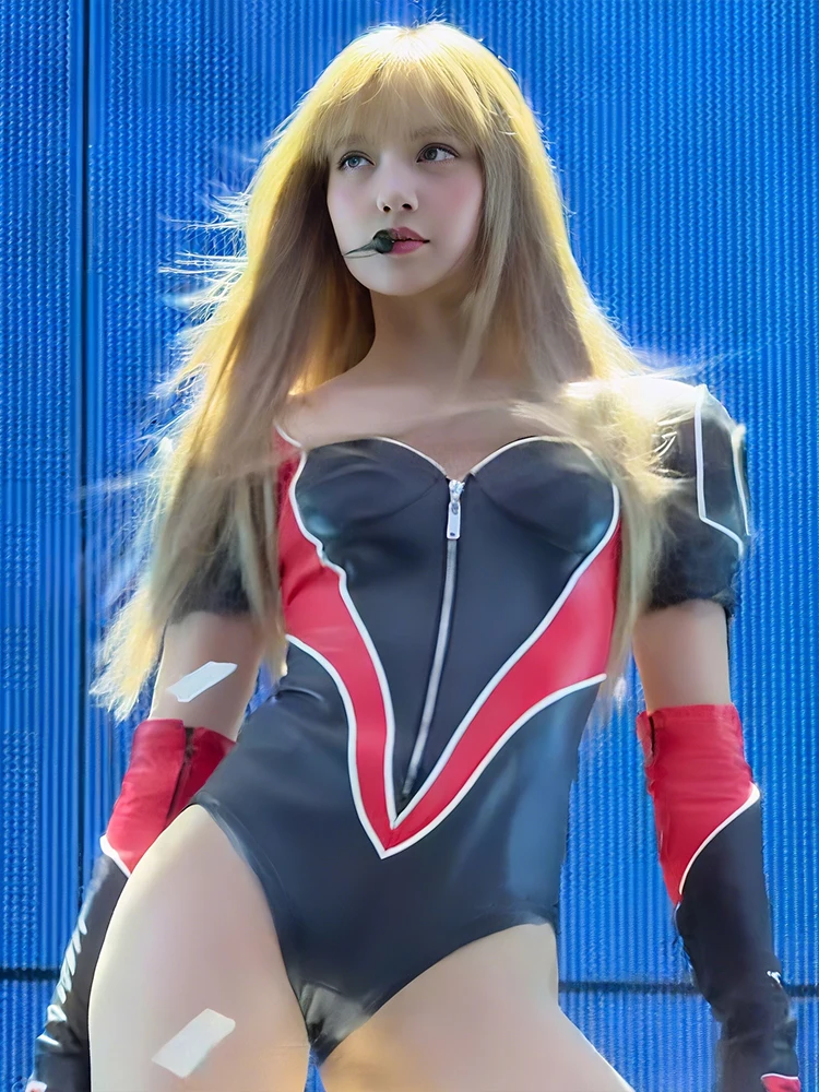 

Костюмы из искусственной кожи с блокировкой цвета Nibber, женские длинные перчатки + узкие боди на молнии с низким воротом, сексуальный музыкальный фестиваль, дикая уличная одежда