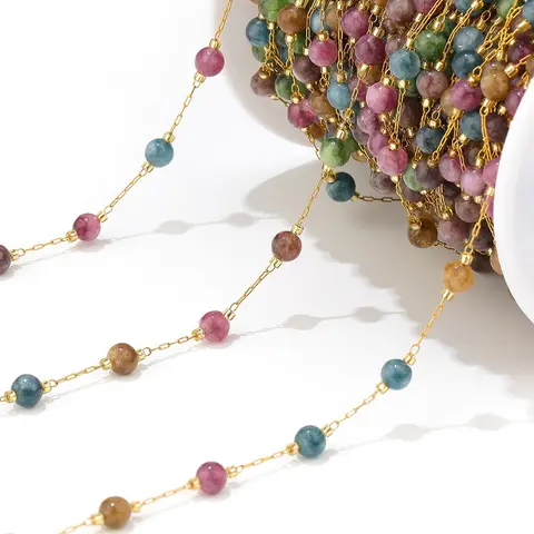1 meter Stainless Steel 4mm Beads Gold Natural Stone Chains Turquoise Amethyst Quartz Gemstone for DIY Jewelry Making Findings