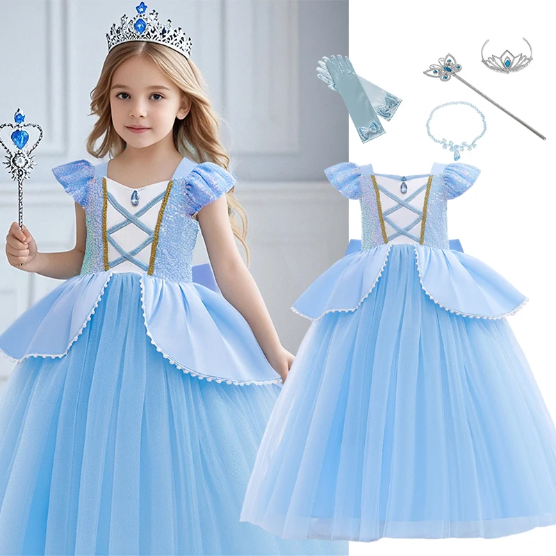 

Kids Cinderella Belle Cosplay Costume Girls Elegant Sequins Dress with Crown Gloves Birthday Party Ball Gown 2-10 Years 2025