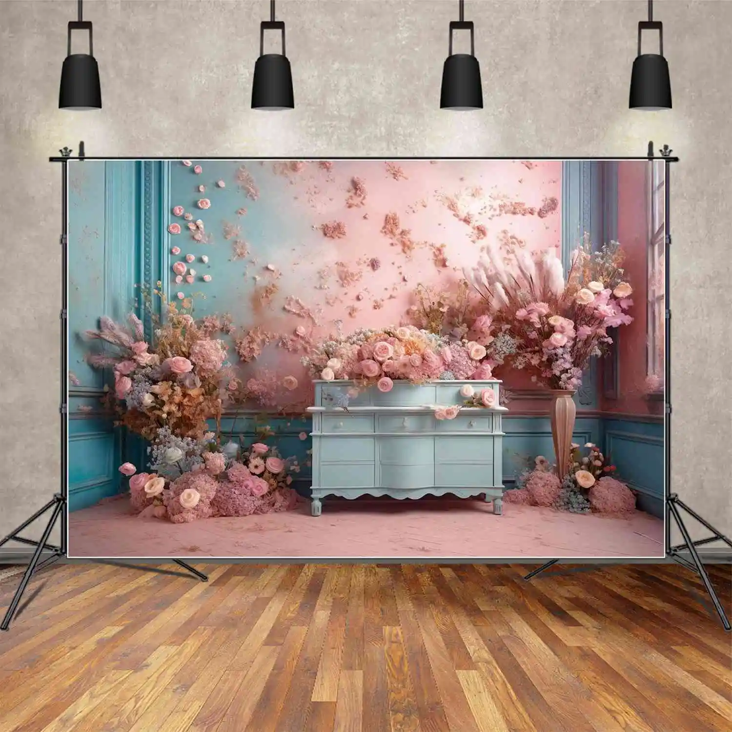 MOON.QG Background Floral Flower Pink Blue Birthday Photo Booth Room Backdrop Girls Party Frame Table Table Drawer Decorations