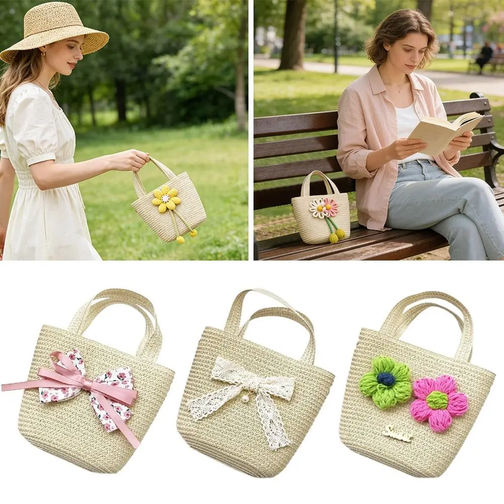 Cute Handmade Woven Straw Bag Flower Bowknot Coin Purse Breathable Summer Handbag Beach Travel