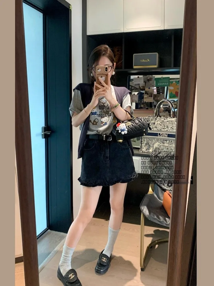 

Moizj High Waist A-Line Skirt with Lace Trimming Anti-Light Walking Slimming Effect Cotton Denim Commute Sle Summer 2025