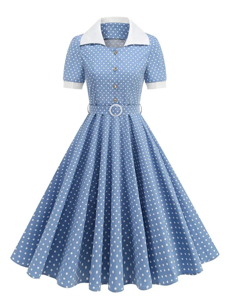 

2025 Turn Down Collar Swing Flare 50s Retro Dresses for Women Buttons Front Belted Polka Dot Cotton Rockabilly Flare Midi Dress