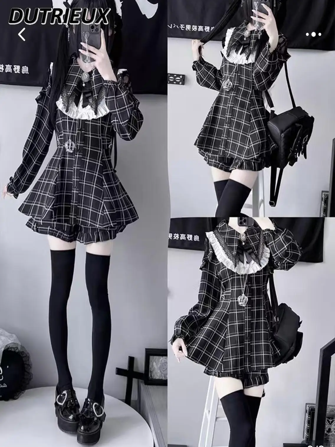 اليابانية الحلو الألغام القوس كشكش الدانتيل الربط الخصر التخسيس كم طويل مطوي فستان و طماق السراويل قطعتين مجموعة #3