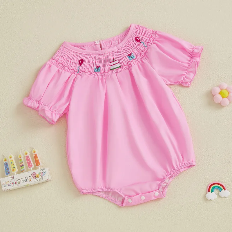 

RUEWEY 0 to 18 Months Baby Girl Birthday Bodysuit Summer Clothes Short Sleeve Round Neck Cake Embroidery Smocked Jumpsuit