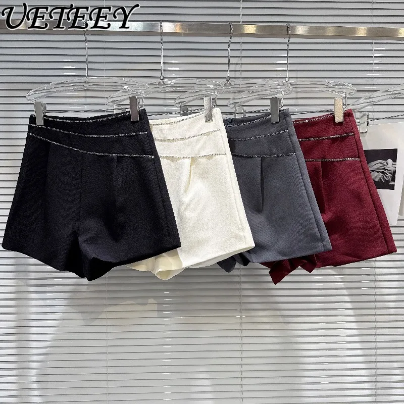 

Summer Autumn New French Elegant Rhinestone Chain Zipper Shorts Solid Color High Waist Slim Fit Three-Quarter Suit Short Pants