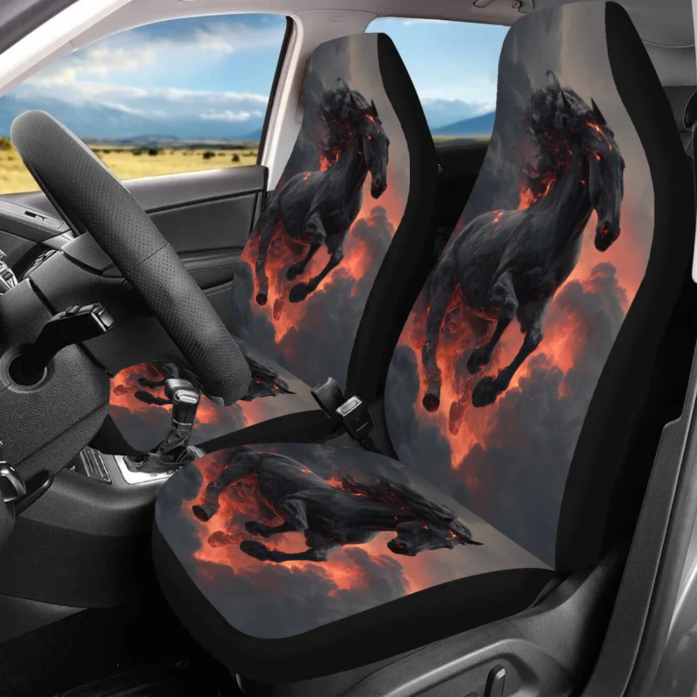 2pcs Fiery Stallion Soaring Car Seat Covers - & Red Horse Design, Fit For Cars, SUVs, Sedans - Durable Polyester, Easy Installat
