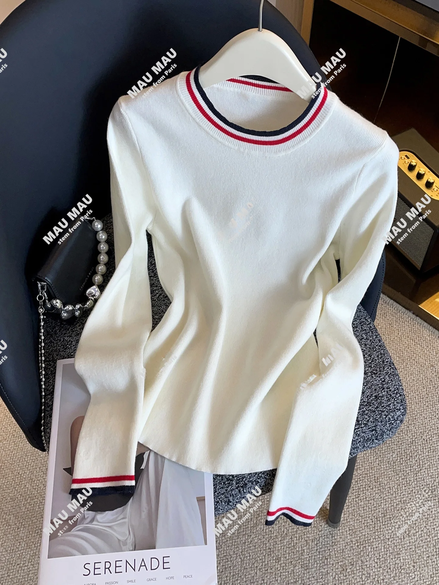 

American Retro Striped Knitwear Casual Versatile Women's T-irt Top High-end Autumn Collection Comfortable Breathable
