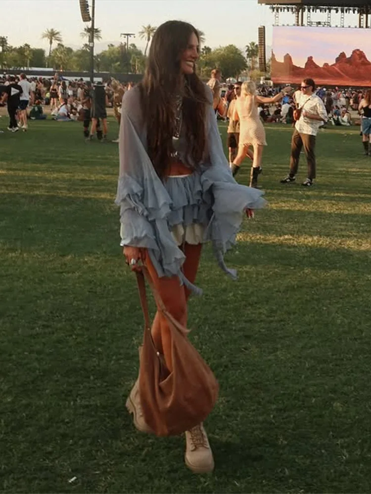 أطقم تنورة طويلة مثيرة مكشكشة للسيدات شفافة من خلال الياقة المدورة وأكمام مضيئة قطع علوية قصيرة بطيات على شكل حرف a تنانير صيف 2025 للسيدات