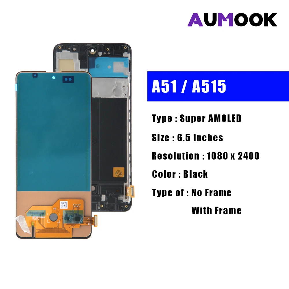 A51 Super AMOLED For Samsung A51 Screen LCD Display Digitizer Assembly Parts SM A515F A515U A515W A515X With Frame Touch Screen