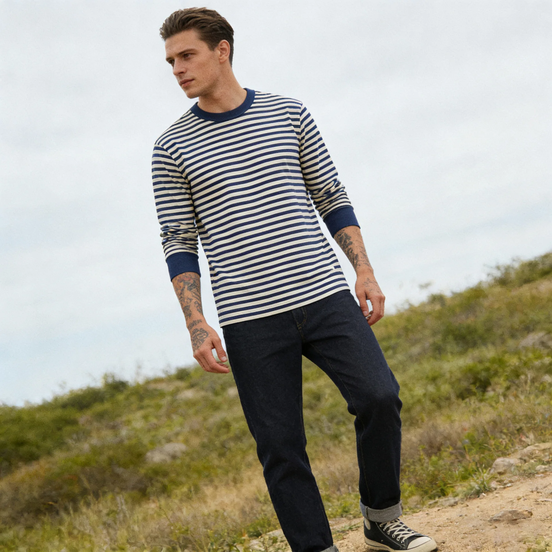 American Style Men Color-coded Striped Loose Fit Simple Basic Casual Trendy Daily Long Sleeve O-neck Pullover T-shirts Male Tops