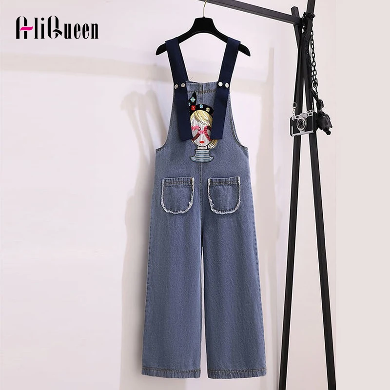 

Women Loose Jean Jumpsuit Cowboy Girl Denim Pant Female Suspender Sequins Overalls Long Trousers Streetwear