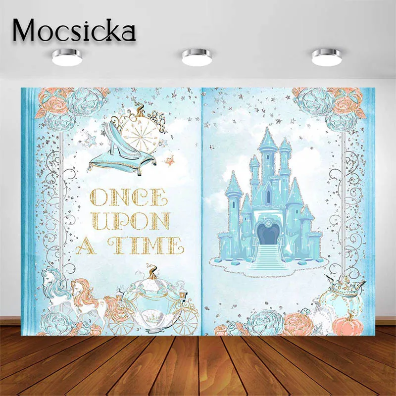 Mocsicka Castle Birthday Backdrop Girls Cinderella Blue and Silver Photography Background Princess Carriage Cake Table Banners