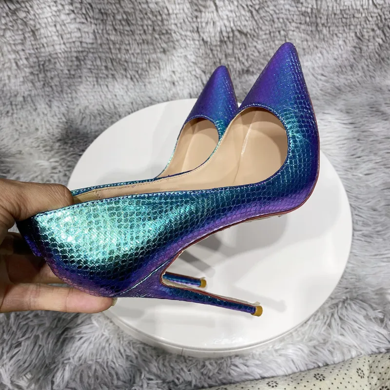 Veowalk-zapatos de tacón alto con estampado de piel de serpiente azul brillante para mujer, sin cordones tacones de aguja, Punta puntiaguda, Sexy, fiesta, Club nocturno